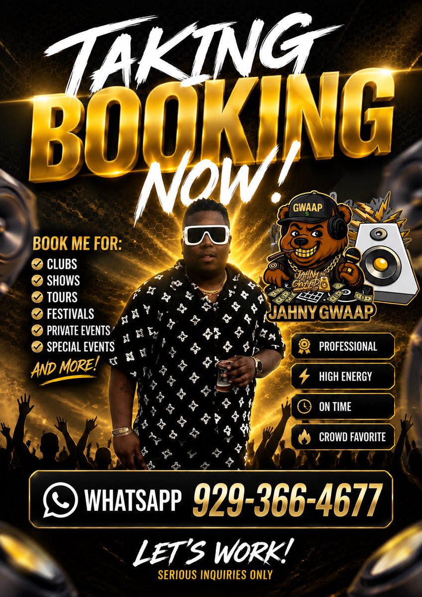 JGwaap's tweet photo. 🔥🎧 TAKING BOOKINGS NOW! 🎧🔥

🎤 Clubs | Shows | Tours | Festivals | Private Events | Special Events

📲 WHATSAPP: 929-366-4677
💯 Serious inquiries only!

DON’T BOOK THE DJ… BOOK THE EXPERIENCE! 🐻🎶🔥

#JahnyGwaap #TakingBookings #DJ #CaribbeanDJ #Dancehall #Soca #PartyVibes https://t.co/t41Qvm6n8B