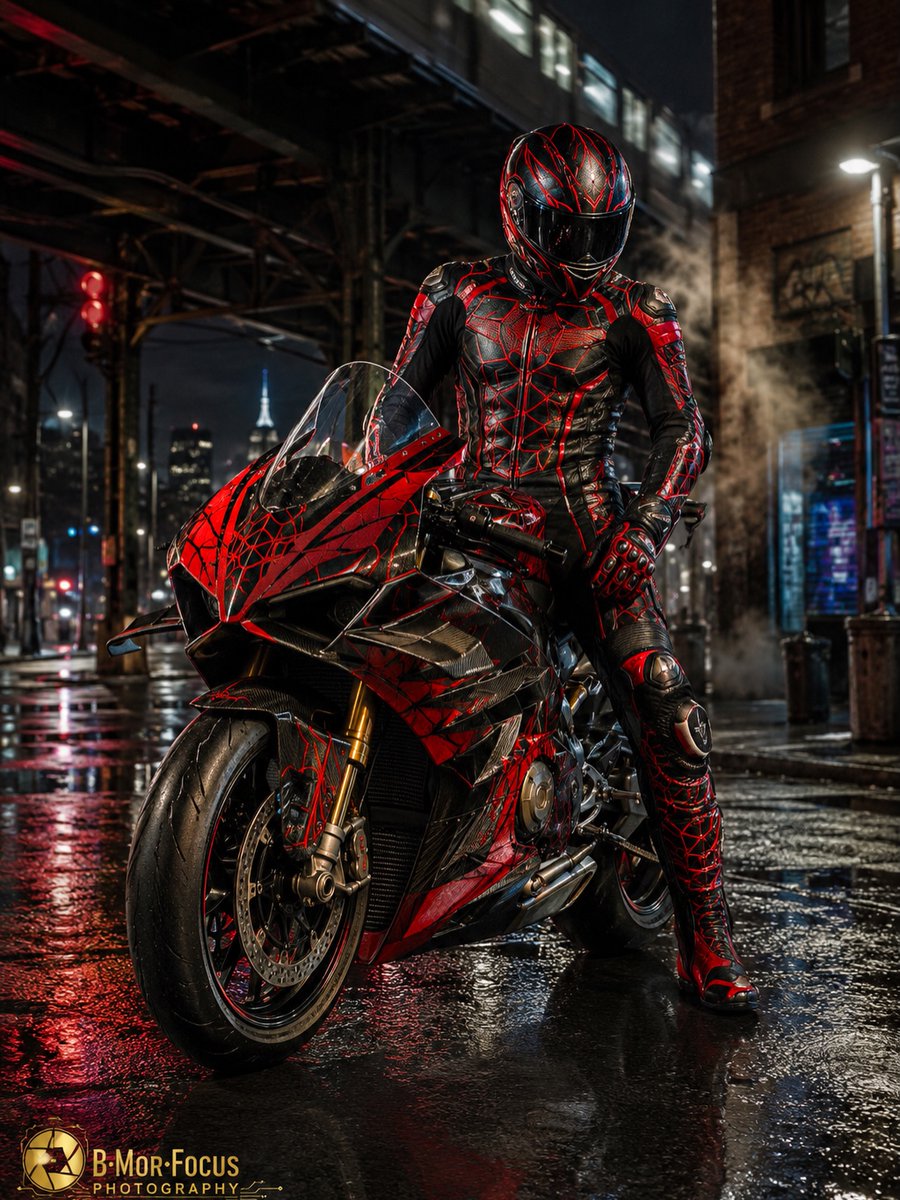 MirnaStranszt's tweet photo. NightRider’s red-and-black arachnid motorcycle races through Queens at night, captured in cinematic, photorealistic urban photography. A custom machine embodying two-wheel culture and the legends of the city. https://t.co/qhJ8dZy0tr