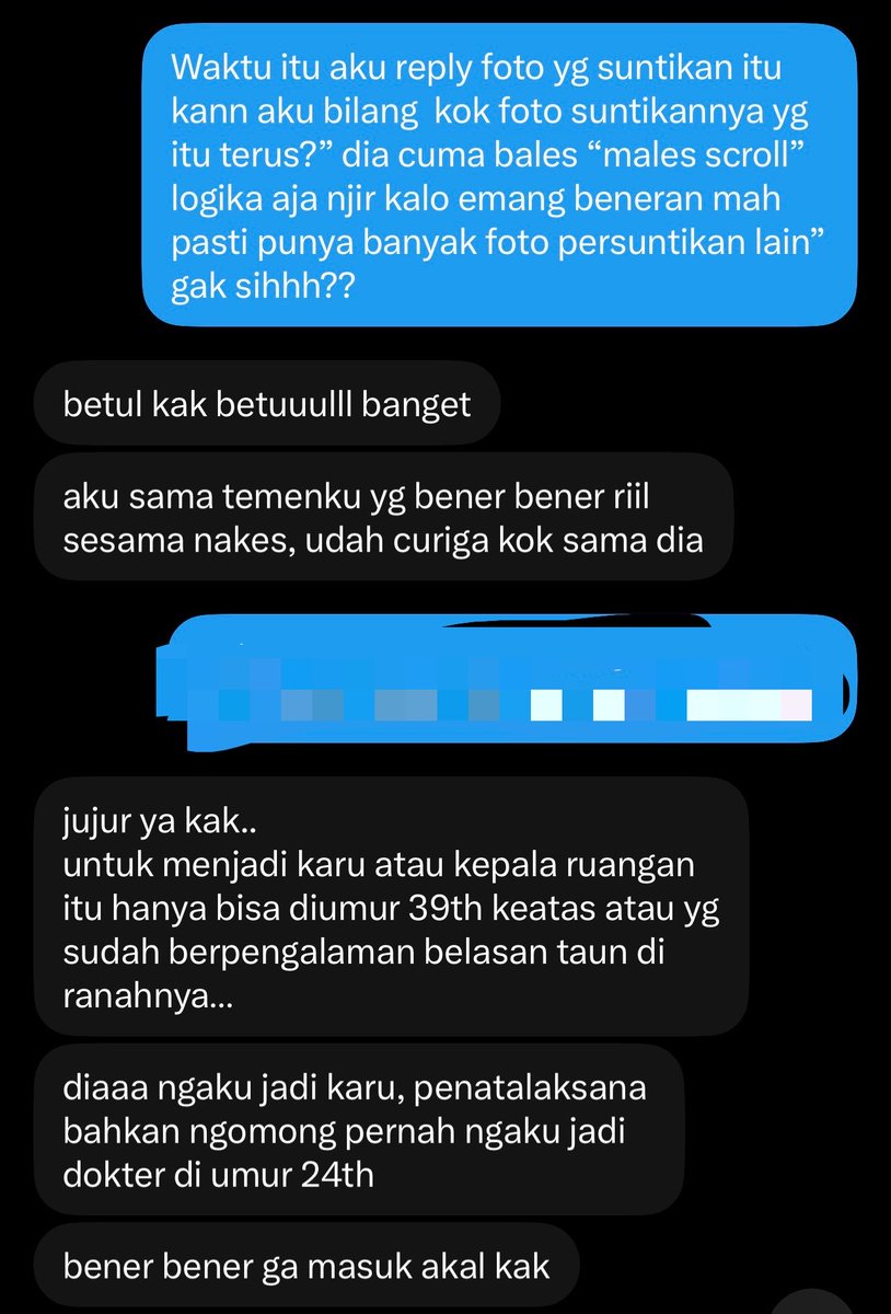 dirtycherr's tweet photo. Ternyata beneran faker guysss!!  

Banyak yang speakup di DM akuu, banyak nakes/dokter yang mem-Validasi kalo si @feelinlonelyyyy ini Faker huuuuu 😤. 

Sekolah kedokteran aja udah 7 tahun sendiri, terus ngaku SP. Anes di umur 24-25an, gak mungkin, karena sekolah Spesialis Anestesi itu aja butuh 5 tahun lagi, terus di beberapa orang ngakunya juga jadi penata anestesi aja, terus adalagi ini loh tiba-tiba diumur 24 ngakunya juga udah jadi Kepala Ruangan IBS (Instalasi Bedah Sentral) kata dokter yg jelasin ke aku, kepala ruangan itu jabatan bergengsi/paling senior lah ibaratnya in medic life. 🤷🏻‍♀️

Gak mungkin banget jadi Karu di umur 20an sangat tidak mungkin, dan gongnya kebanyakan edukasi yang dia tweet hasil dari ChatGPT. 

Akh kata aku mah kurang-kurangin deh kak jadi orang ngablu 😭 Hehehe yang mau speak up lagi boleh DM aku ya! 💥💥💥