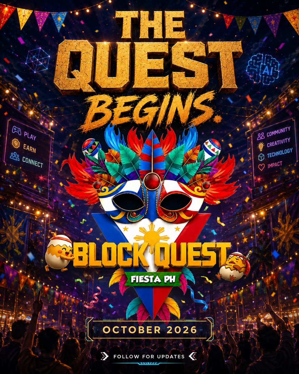 blockquestph's tweet photo. 🔥THE QUEST BEGINS!

This October, Cabuyao becomes a playground for games, quests, community, AI, Blockchain &amp; Web3 with a Filipino fiesta twist. 🇵🇭

Play. Explore. Connect. Complete the quest.

BlockQuest Fiesta PH is coming.

#BlockQuestFiestaPH #BQFPH #BQF2026 https://t.co/TIQnVHOhEw