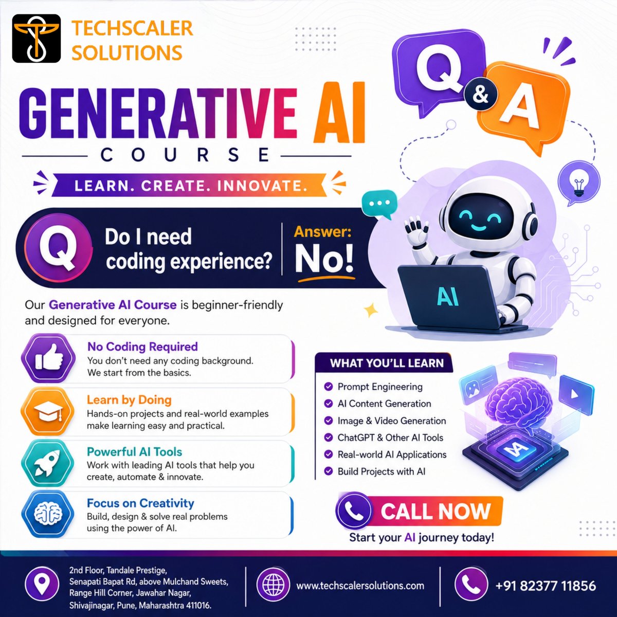 Techscaler_'s tweet photo. 🤖🚀 Learn Generative AI with TechScaler Solutions! Master Prompt Engineering, ChatGPT, AI Tools &amp; real-world AI projects. 🎓✨

📍 Shivajinagar, Pune | 📞 +91 82377 11856
#GenerativeAI #AICoursePune #SoftwareTrainingPune #Shivajinagar #AITraining https://t.co/FXYvhCmXU5