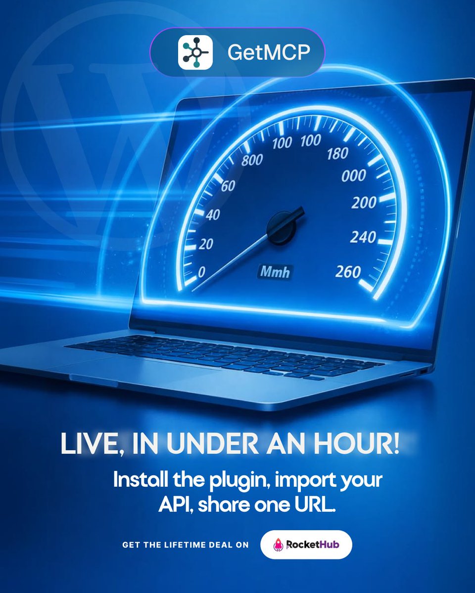 RocketHub's tweet photo. From API to MCP server in less time. ⏱️

Install the plugin, import your API, and share one URL. GetMCP is designed to help you move from an existing API to a running MCP server without a lengthy setup process.

Get your MCP server running with GetMCP. ⚡ https://t.co/EQwPsNclCO