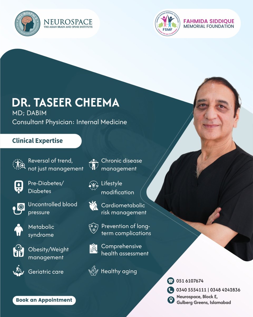 neurospaceX's tweet photo. Meet Dr. Taseer Cheema, American Board-Certified Internal Medicine Physician with nearly 30 years of clinical experience.

He specializes in comprehensive care for diabetes, hypertension, obesity, metabolic health, lifestyle-related conditions, and healthy aging. https://t.co/KFjuvn6cGG