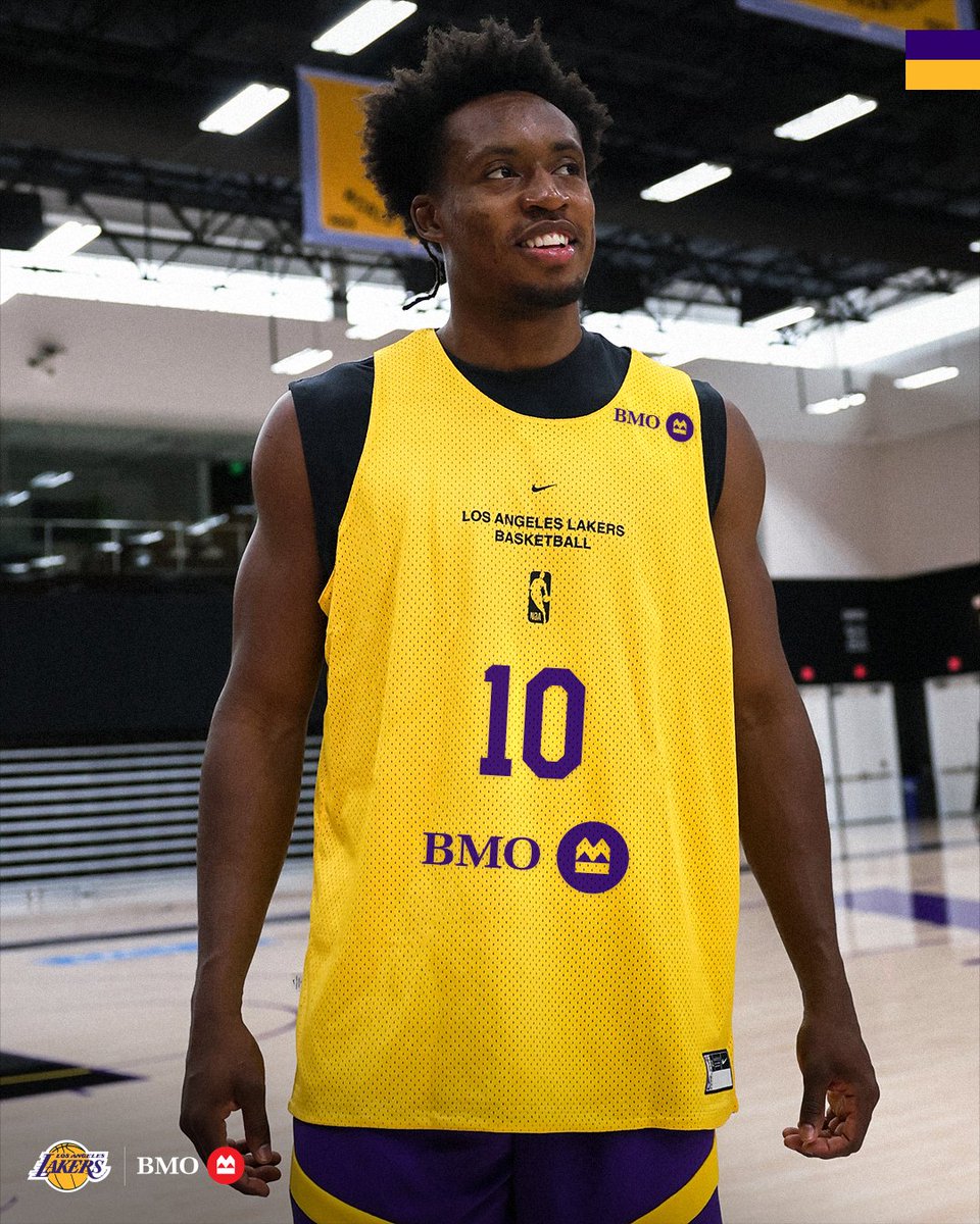 Lakers's tweet photo. Welcome to the Purple &amp; Gold, @BMO_US 💜💛 
 
Making it official, right down to the practice jersey. https://t.co/DQQmDqWo5b