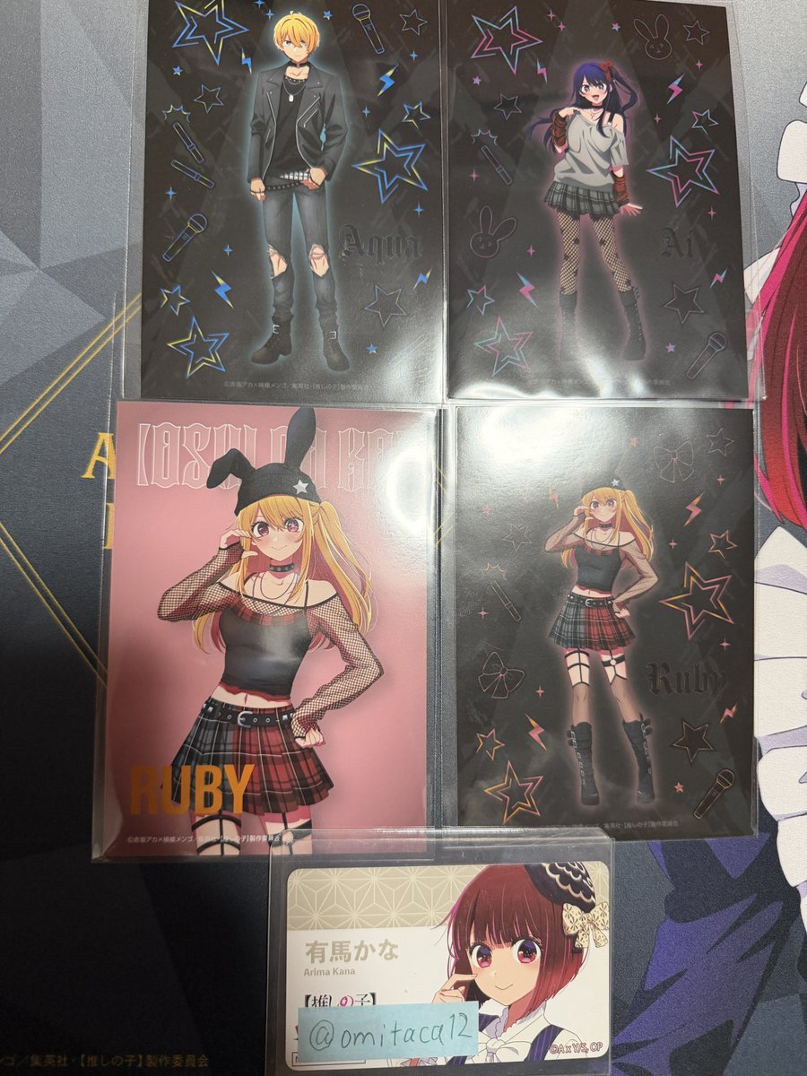 omitaca12's tweet photo. 【交換】
推しの子 GIGO ブロマイド 特典

譲）アイ、アクア、ルビー、MEMちょ
写真1枚目がブロマイド、2枚目が特典です

求）かな

現在のカラ鉄の特典等との交換も可能です。
よろしくお願いいたします。 https://t.co/ARHAY8y8lR