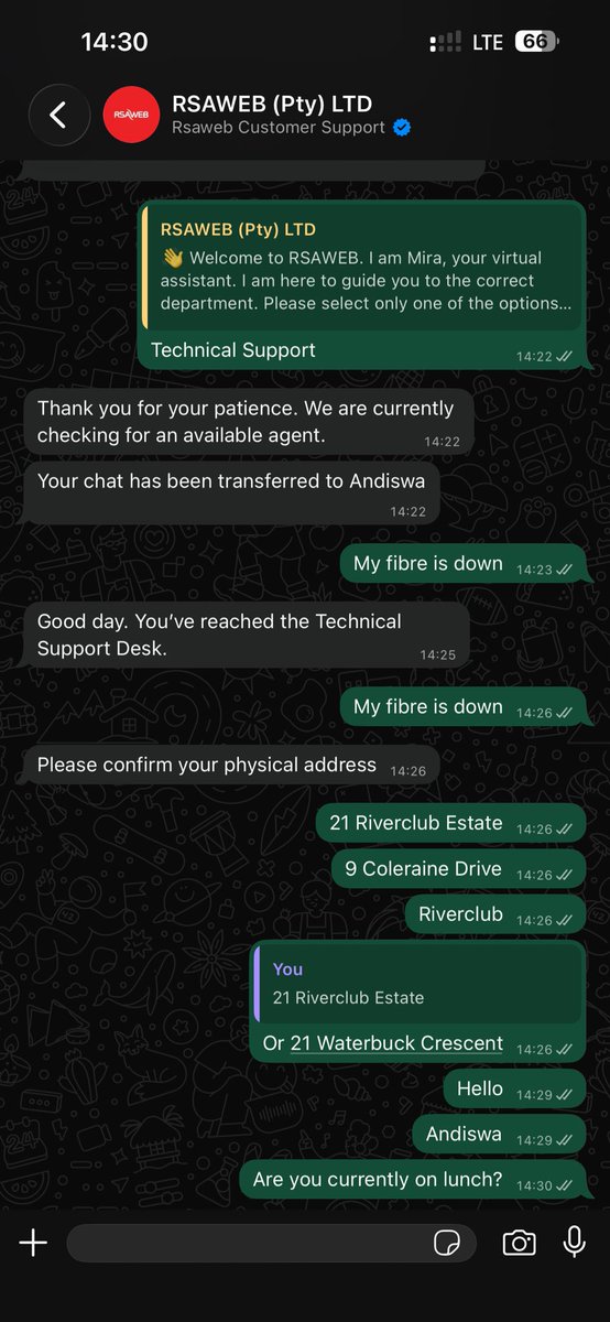 Salvager6's tweet photo. @RSAWEB hi there - please employ people in you contact centre who are keen on customer service and support. Please can someone attend to my fibre outage? 0836655222 https://t.co/20FNo585G7