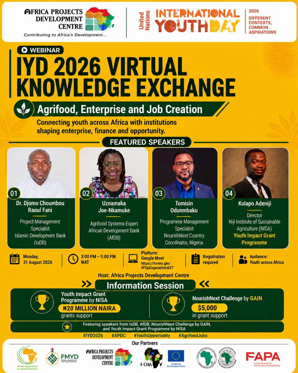 apdc_group's tweet photo. Different contexts. Common aspirations.🌍
Join @apdc_group today at 3 PM WAT for a live webinar with guests from @AfDB_Group, @IsDB_Group and the @UN Youth Office on jobs, entrepreneurship and opportunities for young people.
🔗Register: https://t.co/ol5FyYAc5M
#IYD2026 #APDC https://t.co/rKJnxJqqD3