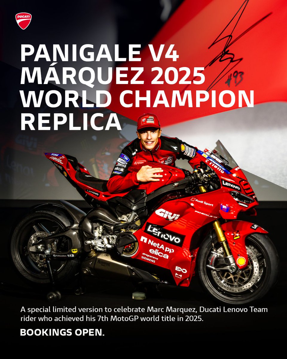 Ducati_India's tweet photo. Be a part of racing history.

Special Edition Panigale V4 Márquez 2025 World Champion Replica is a collector’s edition limited to just 293 numbered units worldwide.

Bookings open.

Limited units available.

Contact nearest Ducati dealership to know more.
#PanigaleV4 #DucatiIndia https://t.co/jKdPyuC0sw