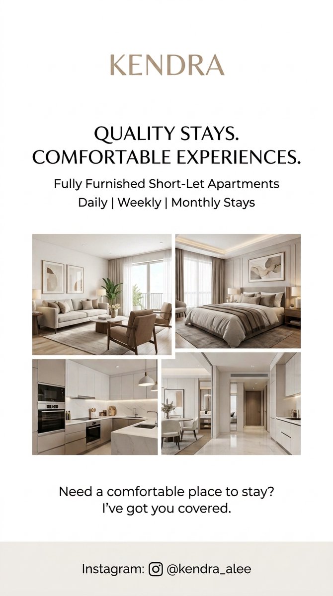iam_kendrah's tweet photo. @abazwhyllzz I’m in the hospitality business, helping you find comfortable, fully furnished short-let apartments for daily, weekly and monthly stays. Whether you’re travelling, hosting guests, relocating, or need a beautiful space to call home for a while, I help find the right stay for you. https://t.co/TiQujYanAb