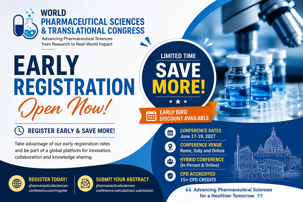 Pharma_Event's tweet photo. 💊🌍 Shape the Future of Pharmaceutical Sciences!

Join WPST 2027 in Rome, Italy &amp; Online!

📅 June 17–19, 2027
🎯 Translating Science into Safer, Smarter Therapeutics
🔗 Register Now : https://t.co/rnnzPtSKEA
#DrugDiscovery #PharmaConference #TranslationalMedicine https://t.co/kxr3vFOI4R