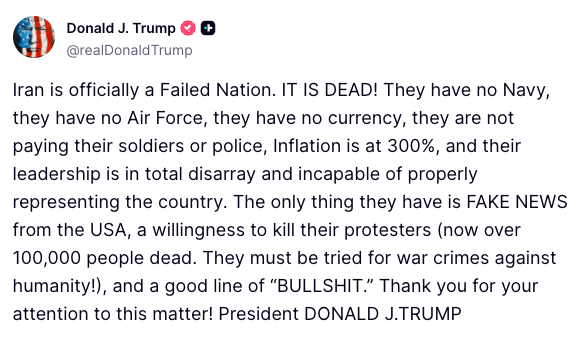 FoxNews's tweet photo. President Trump tears into the Iranian regime, saying the country "must be tried for war crimes against humanity" as he claims the regime has killed over 100,000 of its own people who acted out against the Islamic Republic.

Trump says the country is in "total disarray" and a "failed nation" as he claims Iran is in freefall with soaring inflation and unpaid soldiers and police officers.