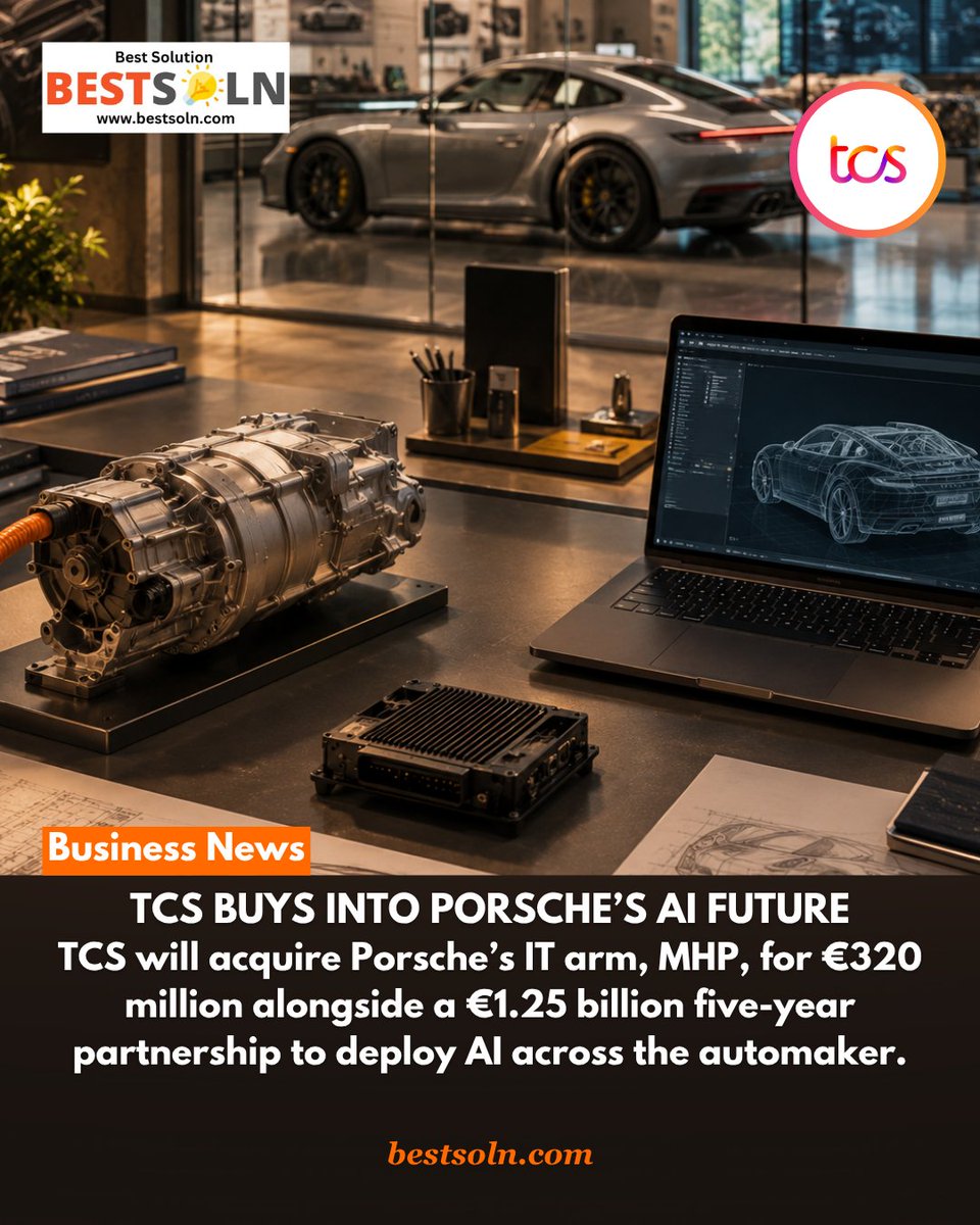 bestsolndotcom's tweet photo. @TCS is moving deeper into automotive tech. It will acquire @Porscheโs MHP for โฌ320M, alongside a โฌ1.25B, five-year AI deal with Porsche.
The shift: from IT services to becoming a strategic technology partner.
#BestSoln #TCS #Porsche #AI #AutomotiveTech #IndiaTech https://t.co/RlIgiT9OPu