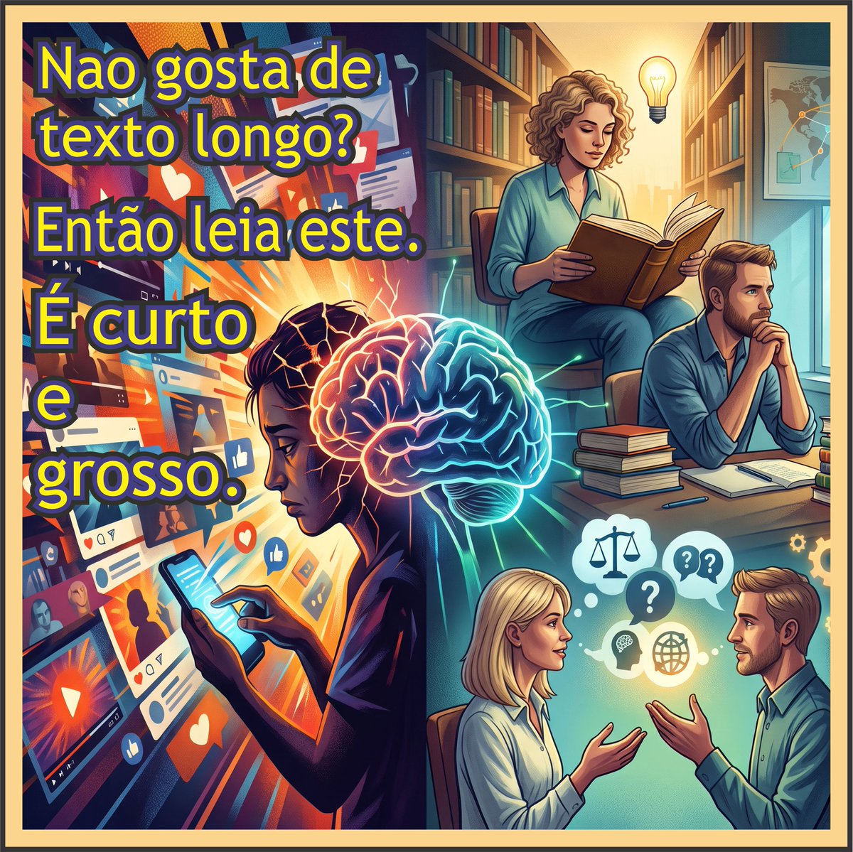 ninomarcati's tweet photo. Apenas 12% dos adultos brasileiros conseguem ler textos longos com facilidade. Estamos trocando o pensamento crítico por manchetes e rolagem infinita.
A leitura profunda fortalece o cérebro; o consumo rápido o enfraquece. Você lê ou só varre a tela? 👇🧵
https://t.co/cjc0wXSraZ https://t.co/UmUuGWVBIJ