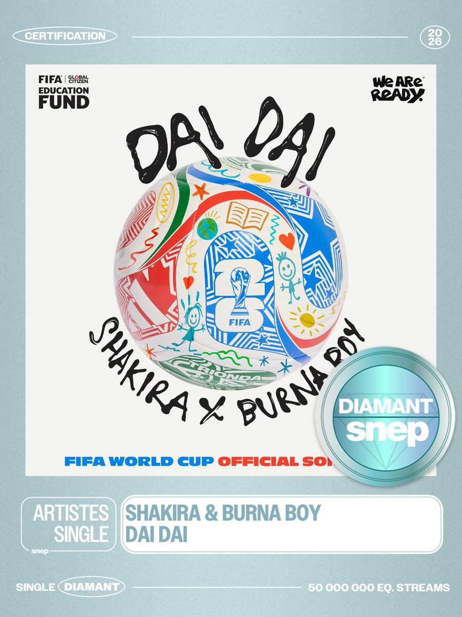 thedebuthub's tweet photo. JUST IN 🚨

Shakira &amp; Burna Boy’s “Dai Dai” is now certified DIAMOND in France 🇫🇷💎

— It’s Burna Boy’s 7th song to achieve the milestone in the country, the most for a Nigerian act. 👏🏾 https://t.co/9y8QUz7QAv