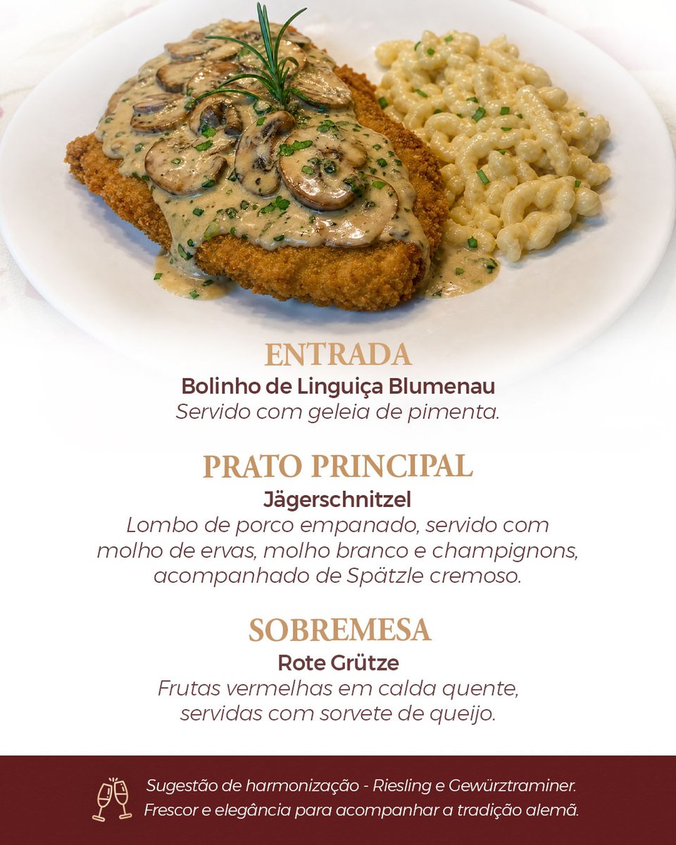 AlpenbierSBS's tweet photo. Nesta semana, preparamos um Menu Especial Típico Alemão. Destaque para o clássico Jägerschnitzel com Spätzle cremoso e sobremesa exclusiva com sorvete de queijo.😋🍻
#altagastronomia #vinhos #sãobentodosul #turismoemsaobentodosul #SaborAlpenbier #AdegaAlpenbier https://t.co/hB1a6jC3O4