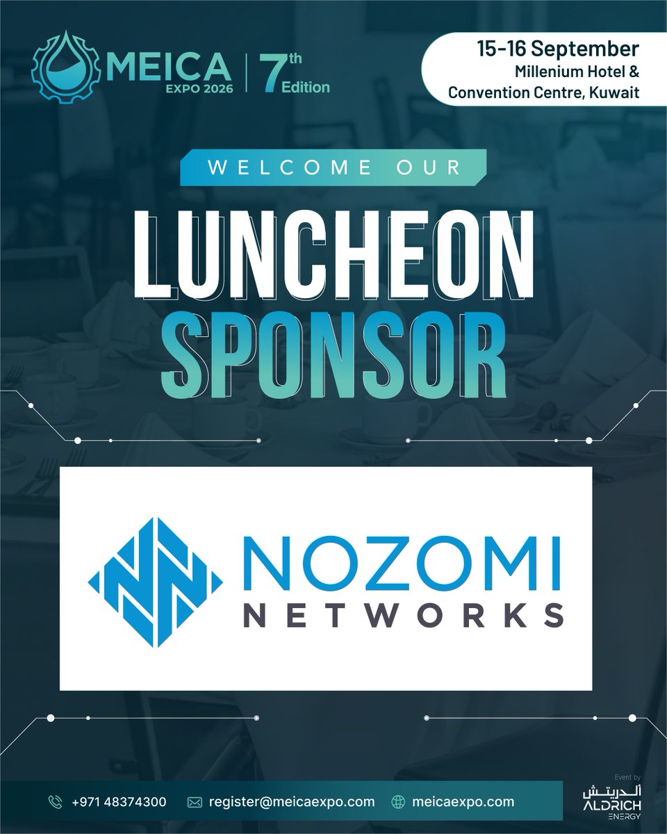 MEICAEXPO's tweet photo. We are delighted to welcome Nozomi Networks as our Luncheon Sponsor for MEICA EXPO 2026, taking place on 15–16 September 2026 at Millennium Hotel &amp; Convention Centre Kuwait.
To register:📧 register@meicaexpo.com | 📞 +971 4 837 4300 🌐 https://t.co/Ey00PkOEax
#MEICA2026 #Kuwait https://t.co/a4hkNDIymV