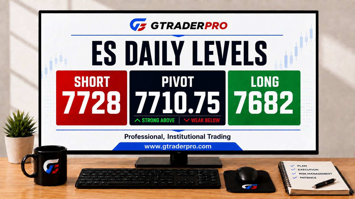 GTraderPR0's tweet photo. 📊 ES Daily Levels

🔴 Sell Level: 7728
🟢 Buy Level: 7682

Pivot: 7710.75 - Strong above the pivot. Weak below.

FREE week in our Trade Room

🌐 https://t.co/Frs40qTtze

#ES #FuturesTrading #DayTrading #GTraderPro https://t.co/5SOepDV98h