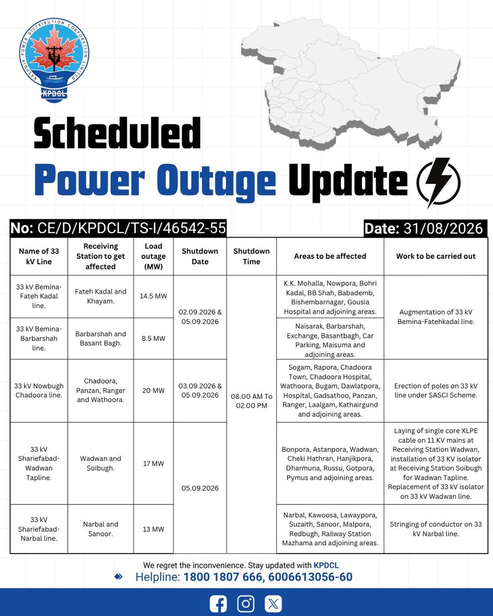 kpdcloffice's tweet photo. Scheduled Power Shutdown Update
Stay prepared!
We regret the inconvenience caused.
#KPDCL #SHUTDOWN
@CM_JnK @OfficeOfLGJandK @diprjk @nasirsogami @DivComKash @GreaterKashmir @RisingKashmir https://t.co/PuWlf9hezk