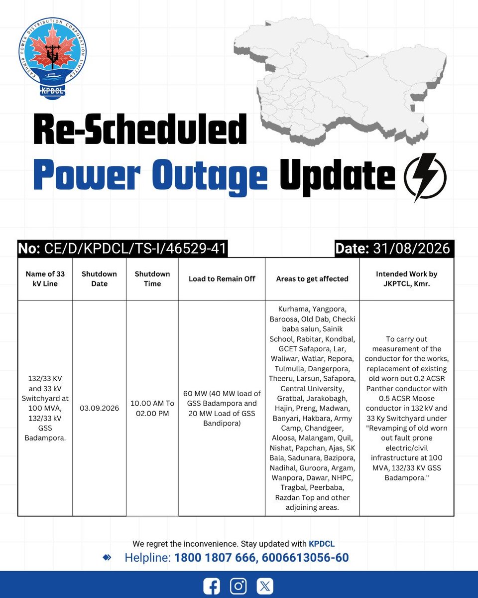 kpdcloffice's tweet photo. Scheduled Power Shutdown Update
Stay prepared!
We regret the inconvenience caused.
#KPDCL #SHUTDOWN
@CM_JnK @OfficeOfLGJandK @diprjk @nasirsogami @DivComKash @GreaterKashmir @RisingKashmir https://t.co/PuWlf9hezk