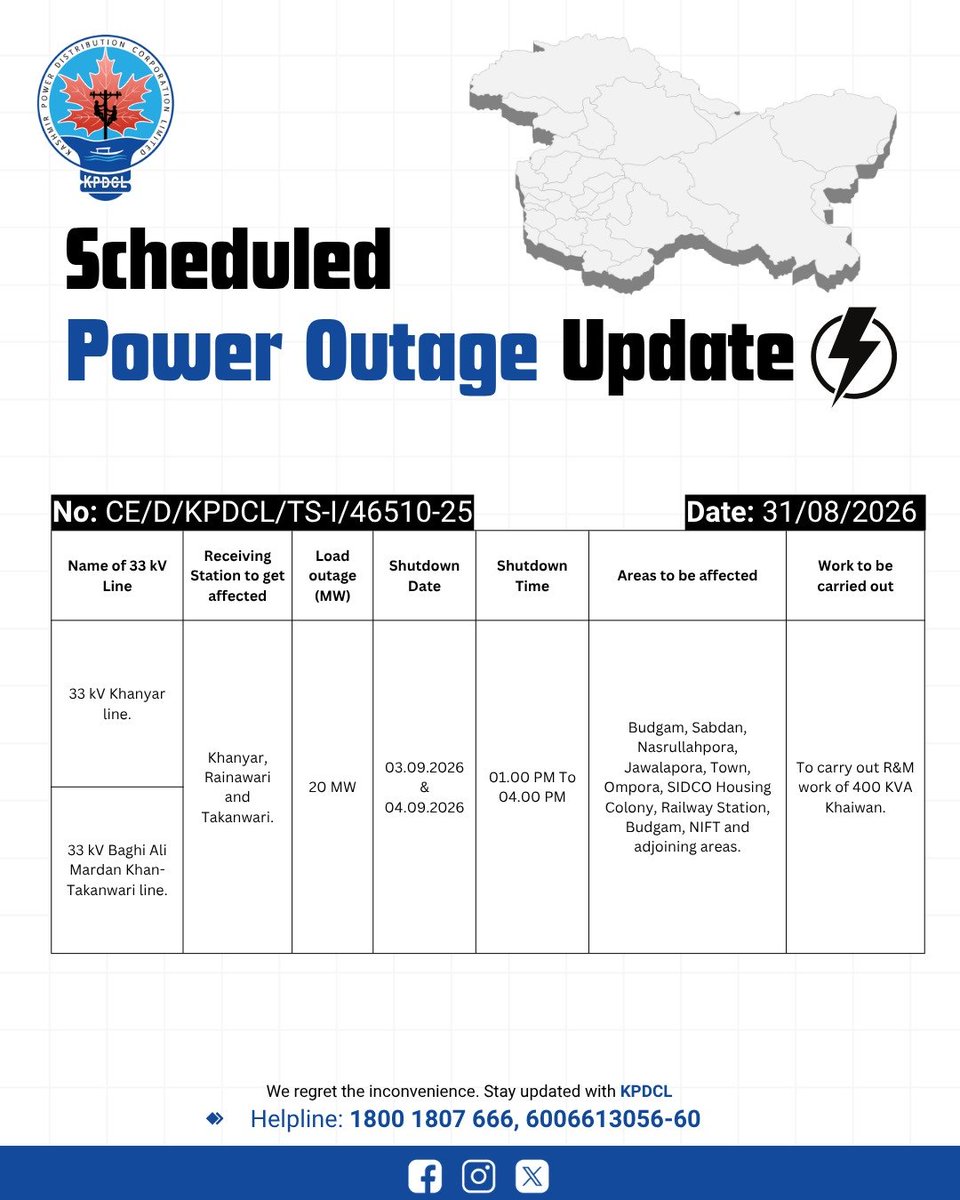 kpdcloffice's tweet photo. Scheduled Power Shutdown Update
Stay prepared!
We regret the inconvenience caused.
#KPDCL #SHUTDOWN
@CM_JnK @OfficeOfLGJandK @diprjk @nasirsogami @DivComKash @GreaterKashmir @RisingKashmir https://t.co/PuWlf9hezk