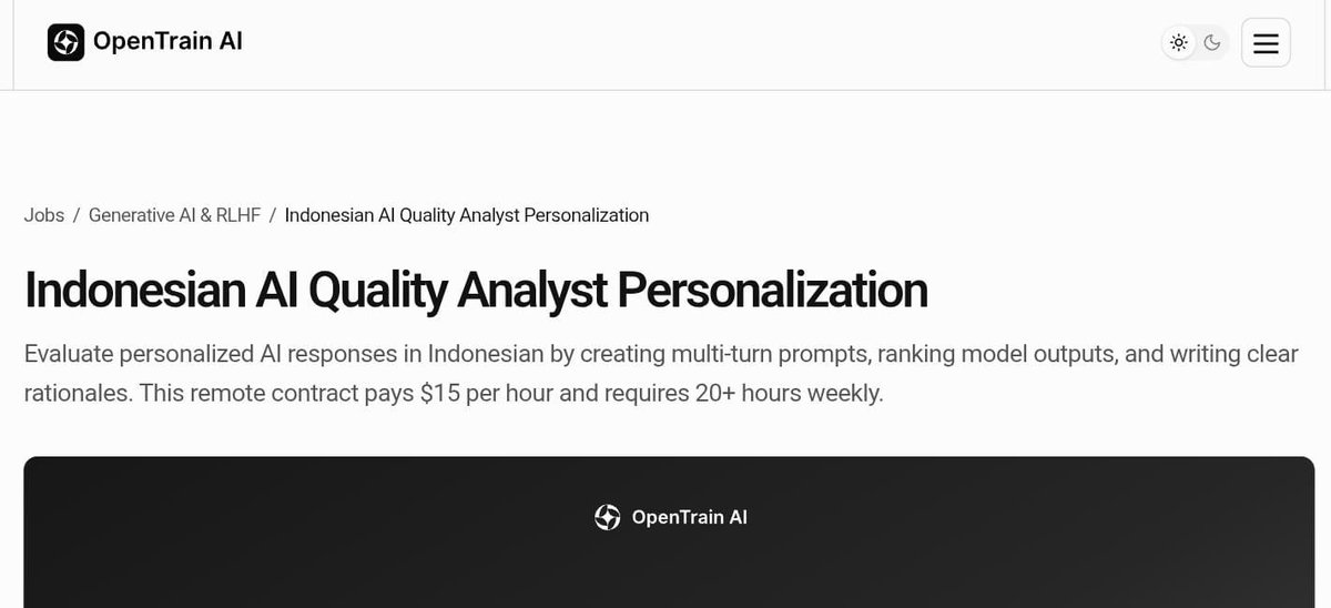 bimnttsion's tweet photo. Salah satunya ini ni entry level juga! 

Open train AI hire Indonesian speakers sebagai AI Quality Analyst Personalization 🇮🇩

- $15/hour
- Worldwide / remote
- 20+ hours/week
- Entry level
- Fokus evaluasi respons AI dalam bahasa Indonesia

Kerjanya kurang lebih review output AI, bikin prompt, kasih rating, dan menjelaskan alasan penilaian.

Kalau kalian lagi cari entry point ke AI training/data annotation, ini salah satu role yang bisa dicoba. Gas cek requirement-nya dulu sebelum apply.