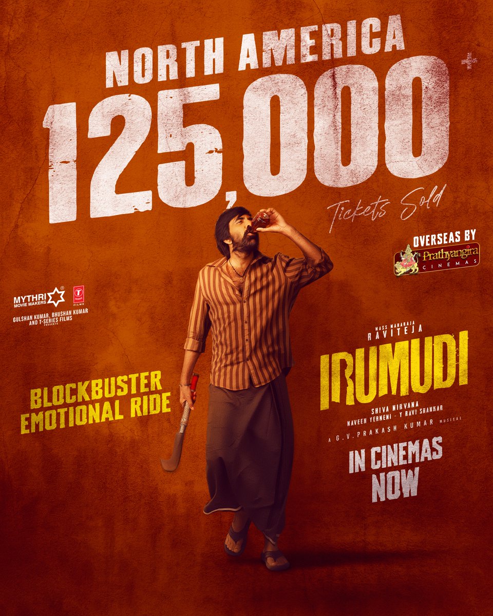 PrathyangiraUS's tweet photo. MASS MAHA RAMPAGE 💥💥🔥🔥

#IRUMUDI North America ~ 125000+ TICKETS SOLD and Counting ❤️‍🔥❤️‍🔥

Overseas by @PrathyangiraUS, In Cinemas Now

@RaviTeja_offl @priya_Bshankar @ShivaNirvana @gvprakash @MythriOfficial @IrumudiMovie @TSeries https://t.co/lJRlahzfj9