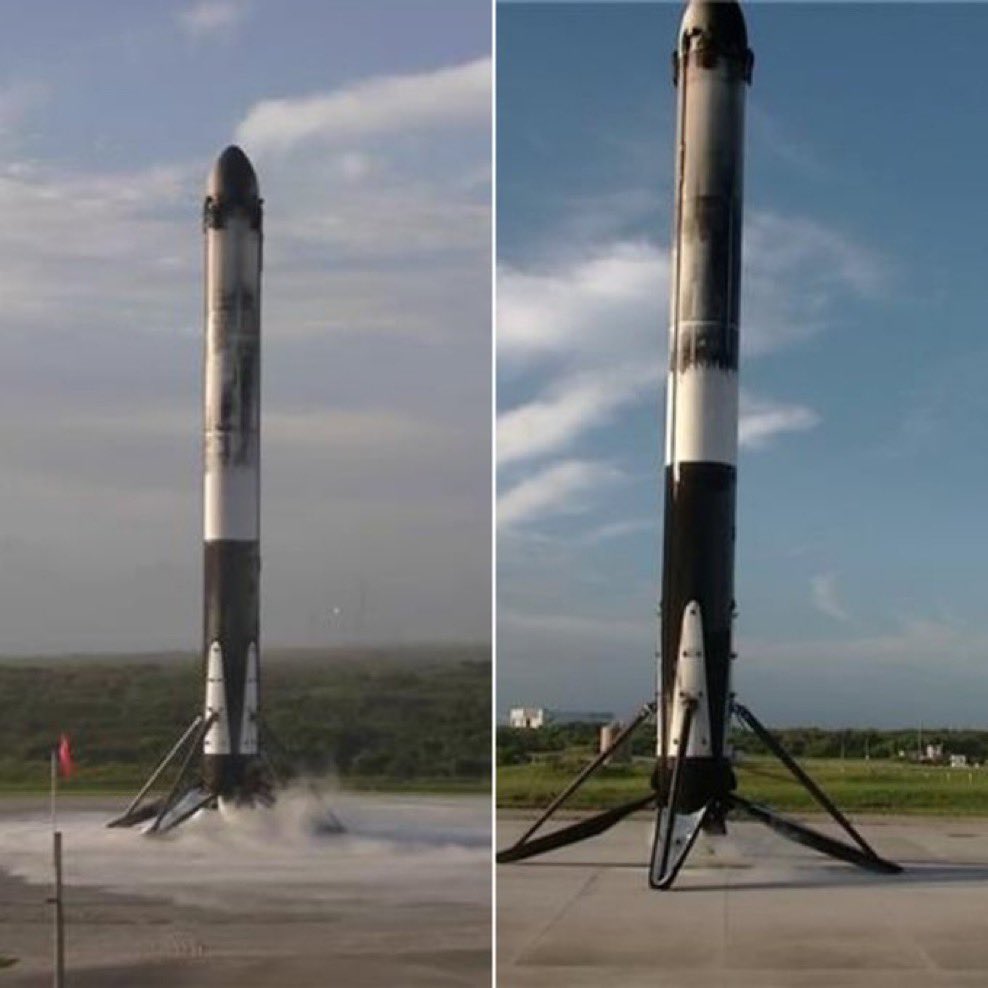 ElonScenarou's tweet photo. Falcon Heavy’s side boosters just nailed another synchronized landing at LZ-2 and LZ-40 🔥

Two massive rockets returning from space and touching down side-by-side minutes after launch

SpaceX has somehow made one of the craziest things in rocketry look completely routine https://t.co/SfpcwDXi4L