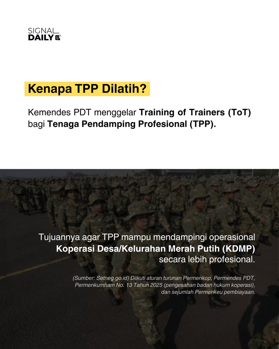 signal__daily's tweet photo. Kemendes PDT melatih Tenaga Pendamping Profesional untuk mendampingi Koperasi Desa Merah Putih, mencakup legalitas, rencana bisnis, dan literasi keuangan koperasi. Dasar hukum: Inpres No. 9 Tahun 2025. Sumber: Kemendes PDT.
#SignalDaily #KDMP #KoperasiMerahPutih #Kemendes #MBG https://t.co/LwIPjtl9wZ