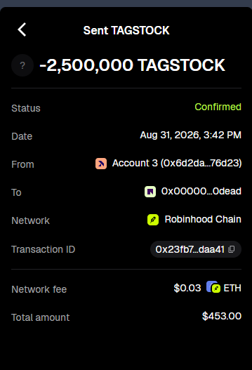 trytagstock's tweet photo. Just burned $500 worth of supply on the dev wallet! https://t.co/3aUg69M7HQ