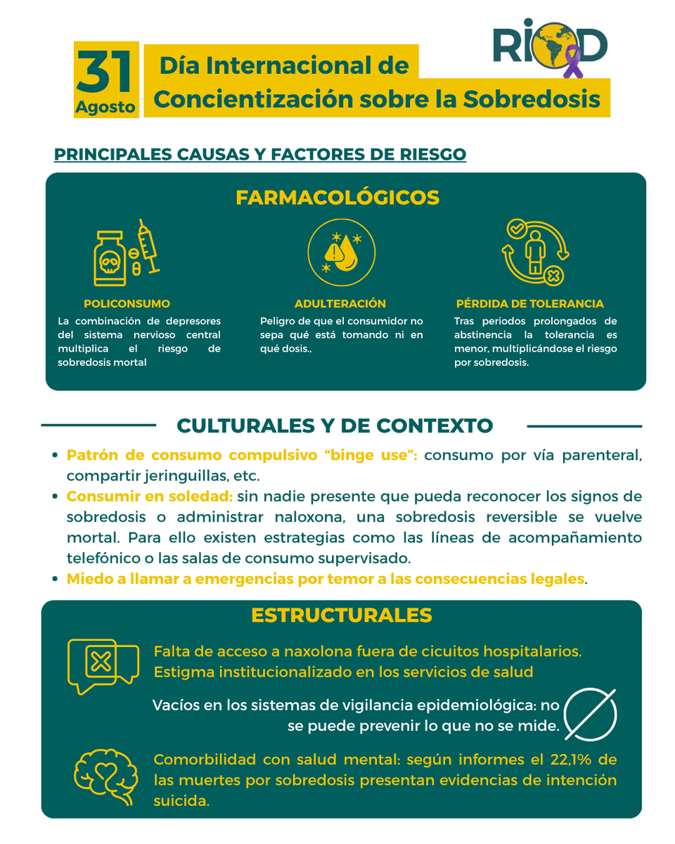 RIOD_oficial's tweet photo. Hoy es el 25 aniversario del Día Internacional de Concientización sobre la Sobredosis y debemos recordar que la sobredosis se puede prevenir, reconocer y actuar a tiempo. Les dejamos algunas claves en la infografía👉. #IOAD2026 #Sobredosis https://t.co/Els5GRIMjq