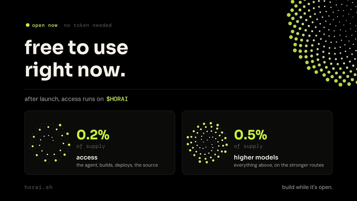horaidotsh's tweet photo. horai is free to use right now. open to anyone, no token needed.

after launch, access runs on $HORAI.

0.2% of supply for access
0.5% of supply for the higher models

build while it's open.

https://t.co/Xva6M42Gg7 https://t.co/KgjVpEAs10
