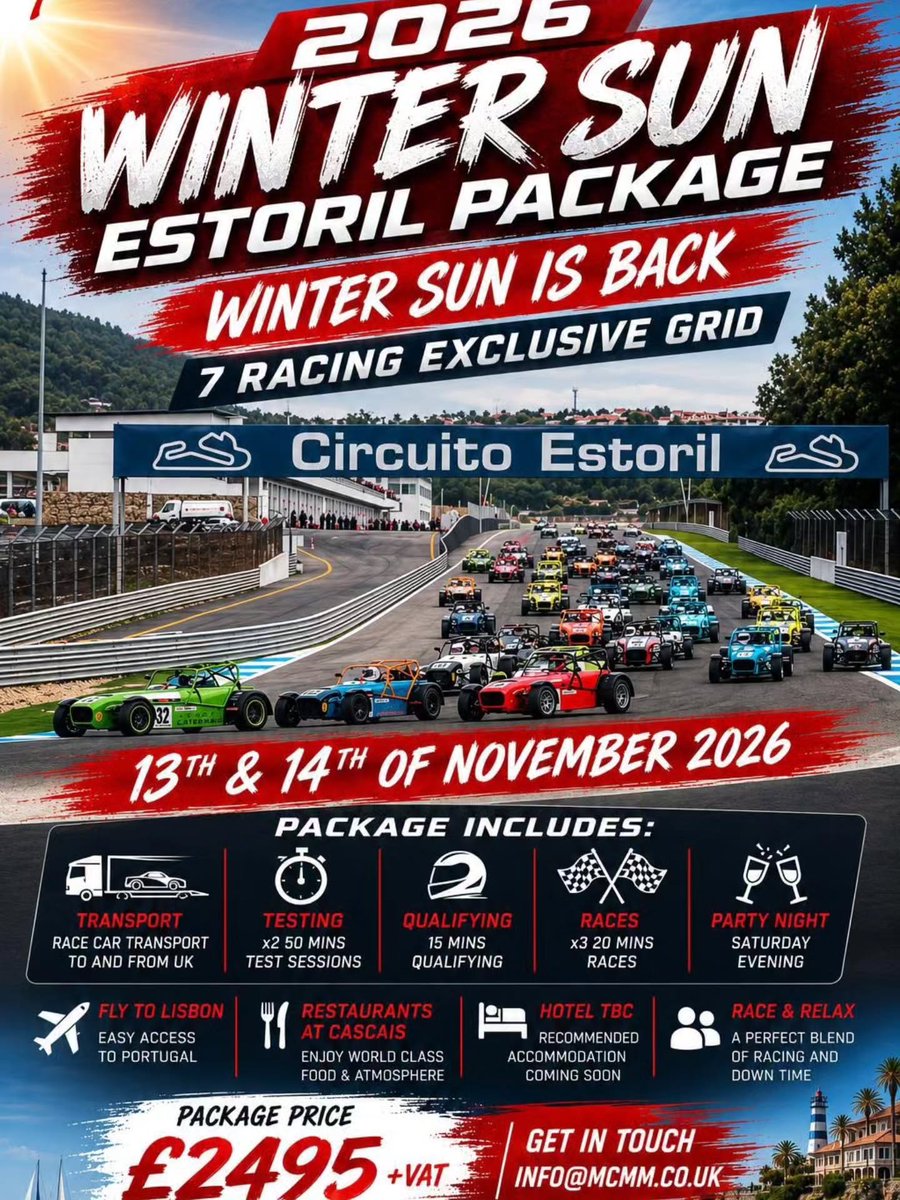 MercedesFehac's tweet photo. Dust off your passports—WINTER SUN IS BACK! Our Winter Sun Estoril Package returns on 13–14 November 2026. Join an exclusive UK-only grid at iconic Estoril Circuit for a thrilling Caterham racing weekend, including two test sessions, qualifying, https://t.co/94TCmgSpog