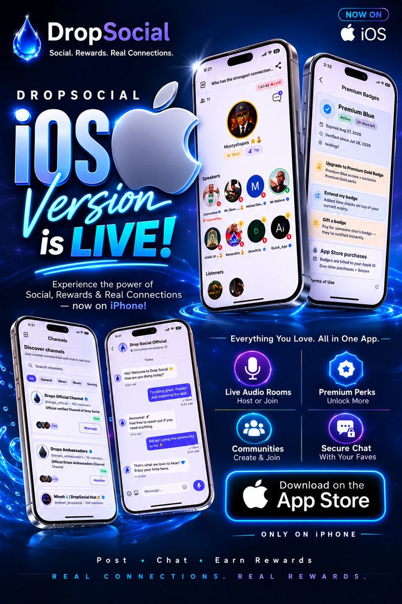 mineh_4714's tweet photo. 🍎💧 THE WAIT IS OVER — DROPSOCIAL IS NOW ON iOS

Welcome to the new wave of users. 🌎.

The ever-anticipated DropSocial iOS version is officially LIVE. 🚀

This is more than simply making DropSocial available on another device. It represents another important step in expanding the ecosystem and bringing the DropSocial experience to an even broader audience.

With iOS, users can experience what makes DropSocial different:

🎙️ Live Audio Rooms — connect and engage in real-time conversations.
👥 Communities & Channels — discover communities and build meaningful connections.
✨ Premium Perks — access additional features and experiences.
🔐 Secure Chat — communicate privately with your favourites.
💧 Social & Rewards — participate, connect, and earn within the ecosystem.

And now comes an exciting opportunity:

For those who have been Droppers from the beginning, this is another milestone to celebrate. For those just discovering DropSocial, this is your opportunity to see what the community has been building.

The iOS launch is not the destination.

It is another door opening.

More people can discover DropSocial.
More communities can grow.
More conversations can happen.
More connections can be made.

And as the ecosystem continues to evolve, we keep building. Together.

🍎 DropSocial is now LIVE on iOS.
Connect. Chat. Participate. Earn.

A bigger audience. A growing ecosystem. The same vision. 💧🌎

https://t.co/k4e5atprDP
Referral code: mineh 

— MineH 💧
Connected Beyond Borders.

#MineHInsights #ConnectedBeyondBorders #OnlyOnDrops
