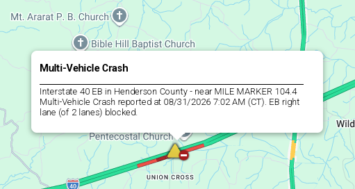 LiveTraffic2's tweet photo. Henderson County- A crash being cleared on I-40 eastbound at 104 mm 7:51am CT. https://t.co/5uK3erZB2W #CommanderChuck #Nashville #Memphis #Tennessee #TDOT #Traffic #TrafficAlert #Follow #Gas #Travel #Weather https://t.co/4cBbARnHuh