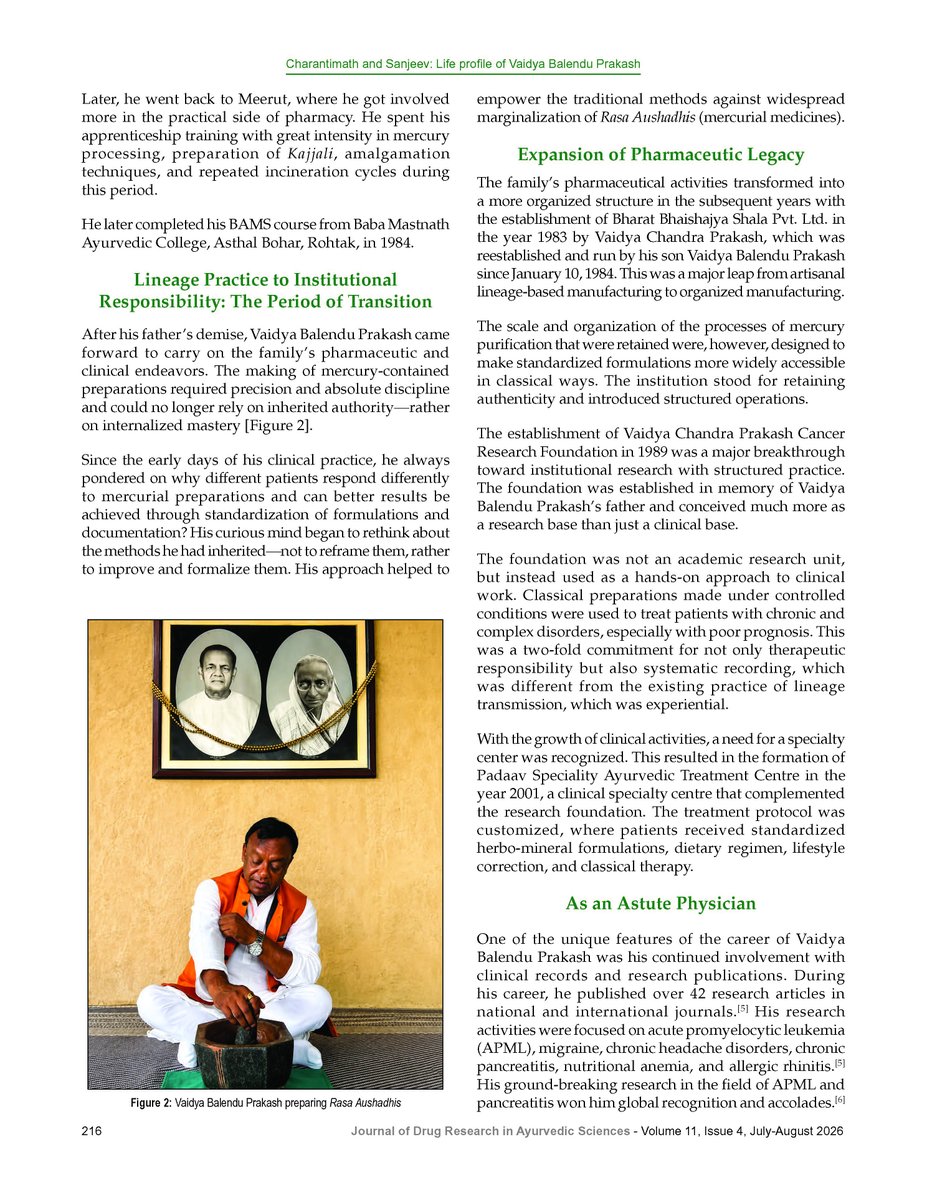 CCRAS_MoAyush's tweet photo. a Review Article-Life Profile, "Life profile of Vaidya Balendu Prakash: Institutionalisation of evidence-oriented #Rasashastra practice, &amp; many more. (3/3)

READ: 🔗https://t.co/HRBE1l9lsU

#Ayush #Ayurveda #journal #JDRAS #MinistryofAyush https://t.co/X13rgrEtpw