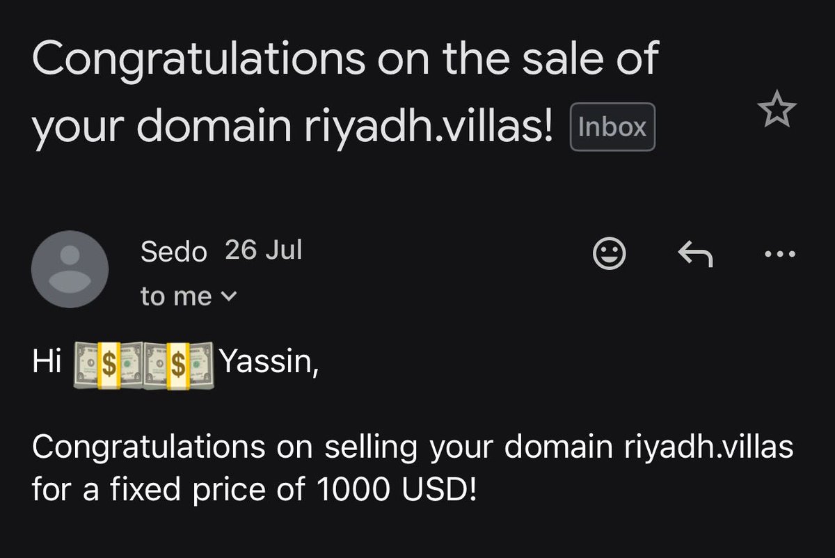 YaSSin_001's tweet photo. Last month I made my first gTLD sale
https://t.co/yQS8sWtp4X sold for
$1,000 via @Sedo  🚀 
HT: 3 Months https://t.co/Y6MZD0RJvC