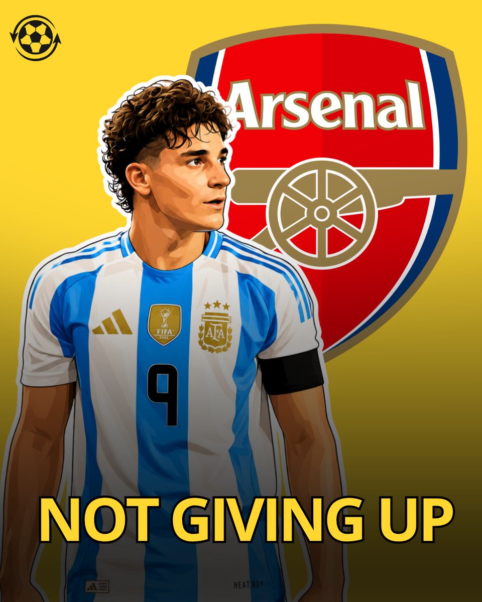 DeadlineDayLive's tweet photo. 🚨 Arsenal are refusing to give up on Julián Álvarez and are working behind the scenes to make a late move possible. 🇦🇷

The Gunners are prepared to help relocate members of Álvarez’s extended family to London, including sorting visas and accommodation. 

Discussions have also included the possibility of a future Barcelona clause, with Barça indicating they could return for him in 2027. 

Arsenal are now viewed as the most credible alternative and the deal could potentially become a new British transfer record. 👀

(Source: @TEAMtalk)