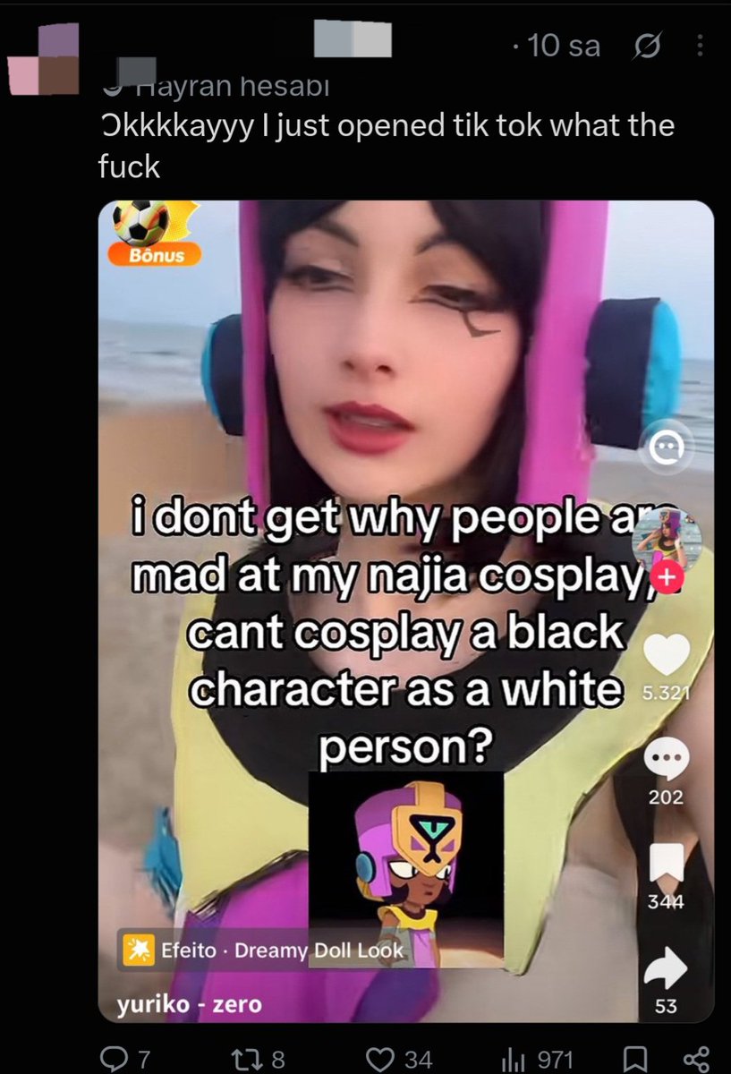 LoonaticsB1GF4N's tweet photo. Okay am I the problem here cause I see no problem. She is just cosplaying a character that is black without doing a black face. And her cosplay seems to be not disrespectful. Cosplay is for fun guys. It has to be not accurate. Just for fun without being disrespectful. https://t.co/yEkIfL6HLJ