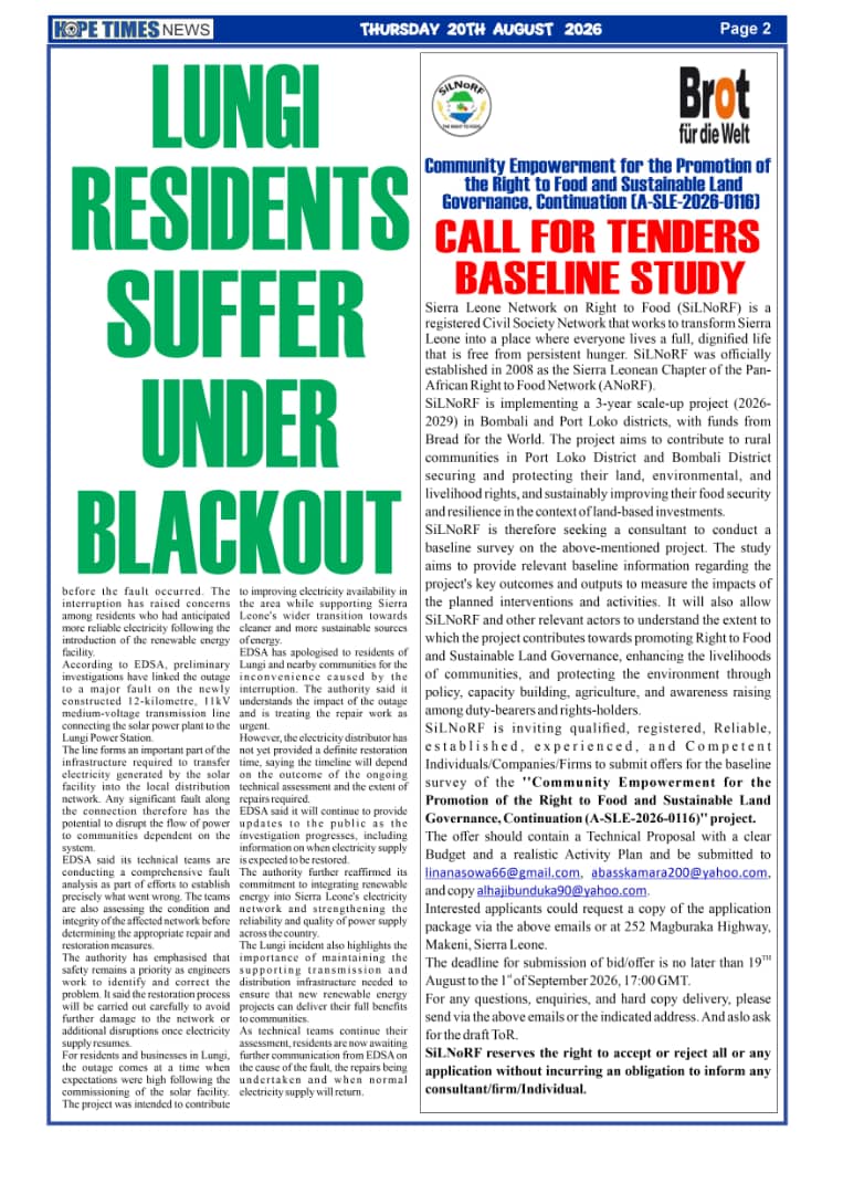 silnorf_'s tweet photo. URGENT CALL FOR TENDERS – BASELINE SURVEY
Today &amp; tomorrow are the FINAL days to submit bids for SiLNoRF’s Baseline Survey. Deadline: 5:00 PM.
Full details: AYV Newspaper, Concord Times &amp; Hope Times. Interested organisations/consultants are encouraged to apply. https://t.co/96j48rydz5