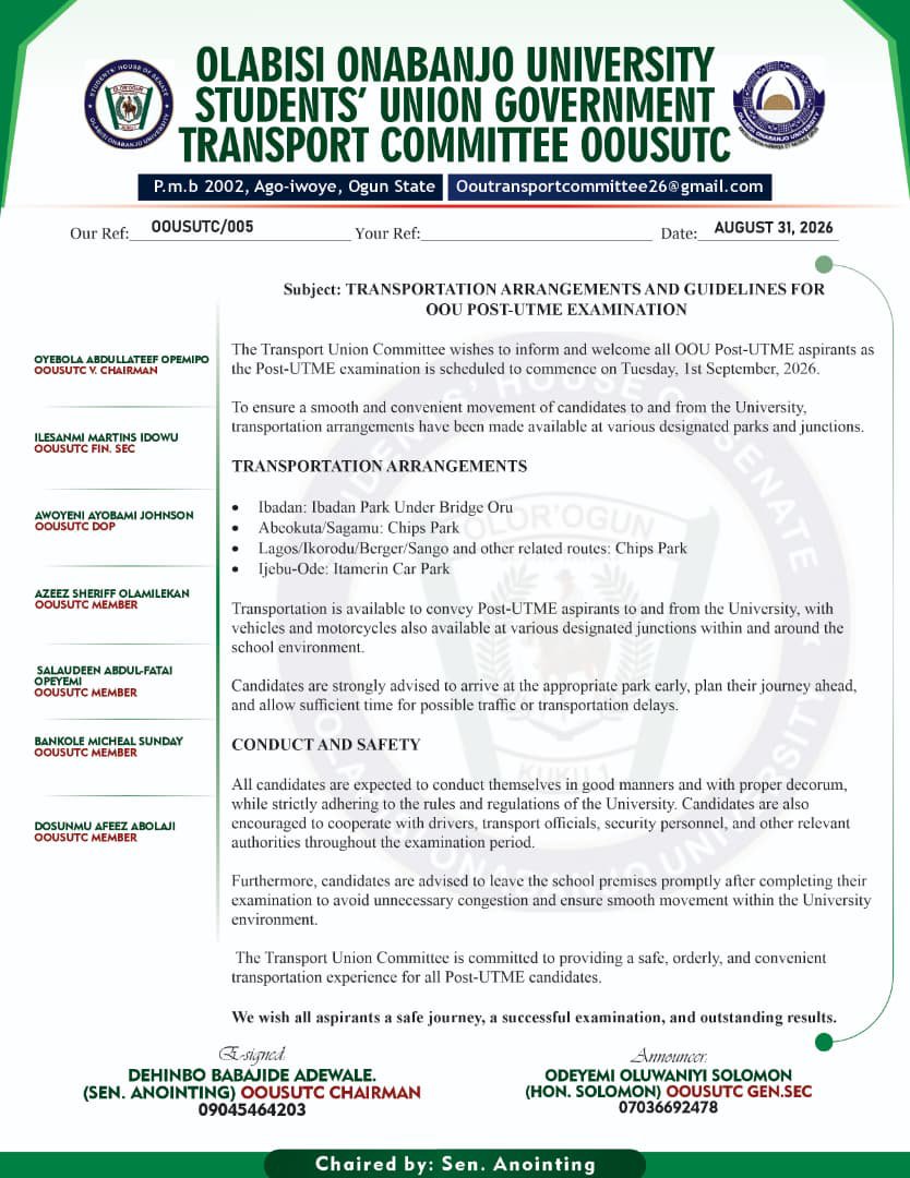 Hon_Solomon03's tweet photo. IMPORTANT NOTICE TO ALL OOU POST-UTME ASPIRANTS

Transportation arrangements have been put in place to ensure a smooth and convenient movement to and from the University throughout the examination period. https://t.co/2Jwwigvg4v