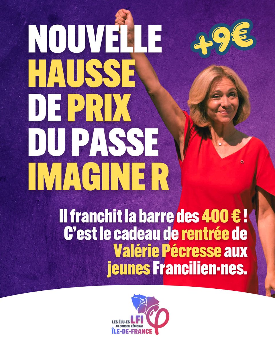 groupelfi_a's tweet photo. ⚠️ Encore une hausse de prix pour le passe Imagine R qui franchit la barre des 400€ !

Voici le cadeau de rentrée de Valérie Pécresse aux jeunes Francilien·nes.

�� 5ème hausse depuis qu'elle dirige le Conseil régional d'Île-de-France. https://t.co/qlFShD3Ri8