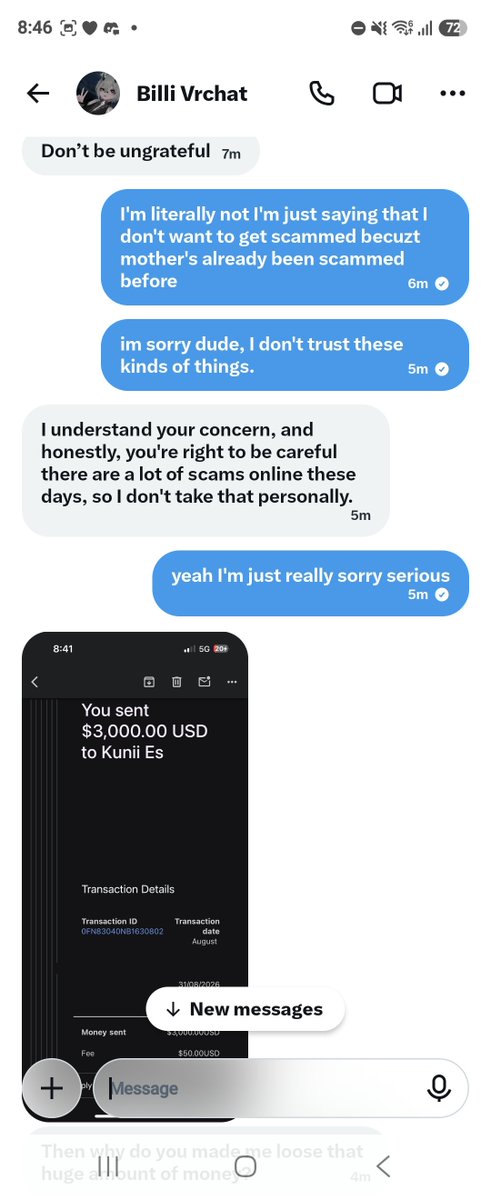 kunicrl's tweet photo. hai mooties and other people.. just a quick heads up if you're following someone named billi_vrchat, please block them immediately!! They've been trying to scam me :

Allegedly fake screenshots, guilt-tripped me into having a "feeling bad" mindset because they lost 3k. https://t.co/x2hXR4ObTc