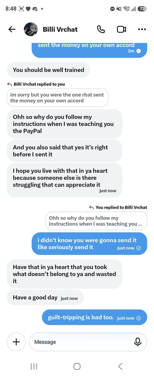 kunicrl's tweet photo. hai mooties and other people.. just a quick heads up if you're following someone named billi_vrchat, please block them immediately!! They've been trying to scam me :

Allegedly fake screenshots, guilt-tripped me into having a "feeling bad" mindset because they lost 3k. https://t.co/x2hXR4ObTc