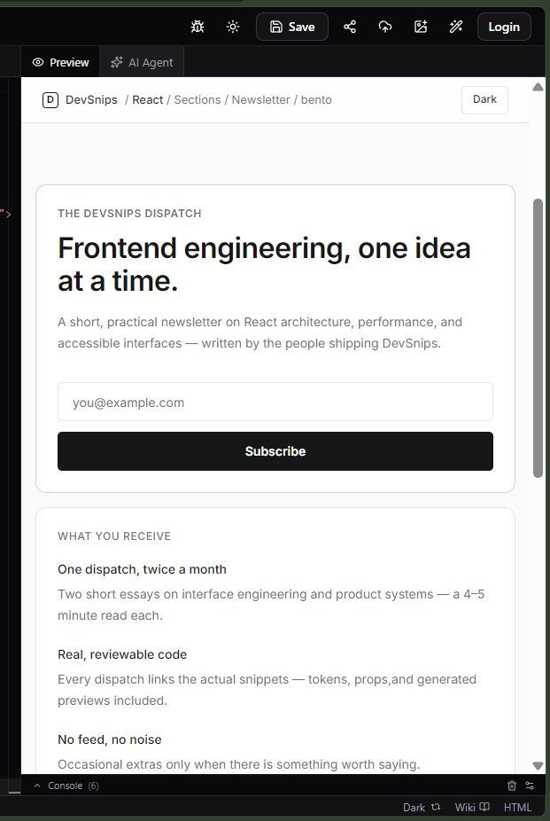 _sarthak_buddy's tweet photo. Today i added the Newsletter section in React :
> Available in 4 designs
> consistent design token
> tailwind made
> fully adaptability
Day 25 of building devsnips
#day25 #dailycode #buildinpublic https://t.co/qxfBn4ixiQ