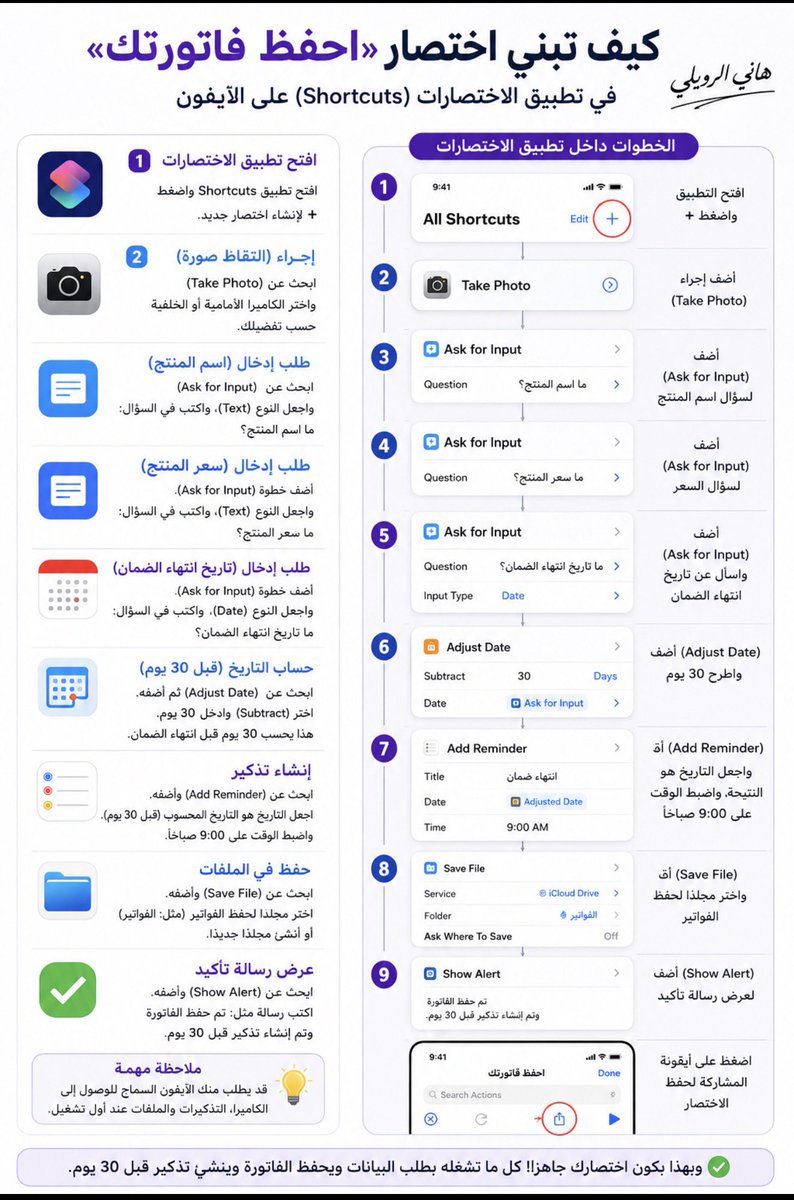 hani_alrowaili's tweet photo. نشتري أجهزة مليئة بالمزايا، لكن كثيرًا منها لا نستخدمه رغم أننا دفعنا ثمنه.

في هذه السلسلة سأشارك ميزات وحلولًا موجودة أصلًا في أجهزتنا وتوفر علينا وقتًا ومالًا وجهدًا.

البداية: خل الآيفون يحفظ فاتورتك ويذكّرك بالضمان 🧾

افتح Shortcuts وأنشئ اختصارًا باسم «احفظ فاتورتك»:

1️⃣ Take Photo → تصوير الفاتورة
2️⃣ Ask for Input / Text → اسم المنتج
3️⃣ Ask for Input / Number → السعر
4️⃣ Ask for Input / Date → انتهاء الضمان
5️⃣ Adjust Date → Subtract 30 Days
6️⃣ Add Reminder → تنبيه قبل انتهاء الضمان بـ30 يومًا، الساعة 9 صباحًا
7️⃣ Save File → حفظ الصورة في iCloud Drive → Shortcuts، مع إيقاف Ask Where to Save

🔔 اجعل نص التذكير:
«باقي 30 يومًا على انتهاء ضمان [اسم المنتج]»

وللي ما يبي يبنيه بنفسه، هذا الاختصار سويته لكم جاهز 👇

https://t.co/hvymJonKlk

قد لا تحتاج جهازًا جديدًا… فقط استخدم ما دفعت ثمنه

هاني الرويلي