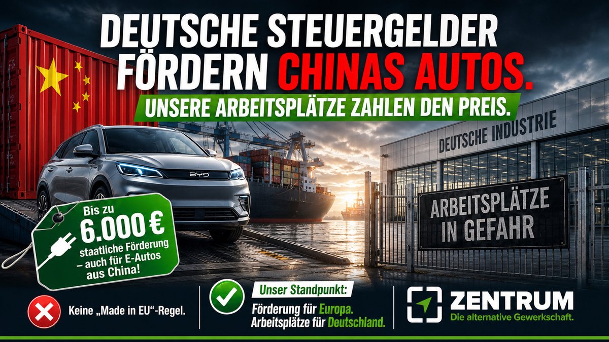 zentrum___'s tweet photo. Chinesische #EAutos überschwemmen den Markt: Deutsche Arbeitsplätze geraten unter Druck!

Deutsche Werke bauen Stellen ab - chinesische Hersteller profitieren von der Politik der #EU &amp; erhalten mehr Marktanteile. 

❌Keine Politik, die Import fördert und Arbeitsplätze gefährdet https://t.co/UuQai3ikwZ