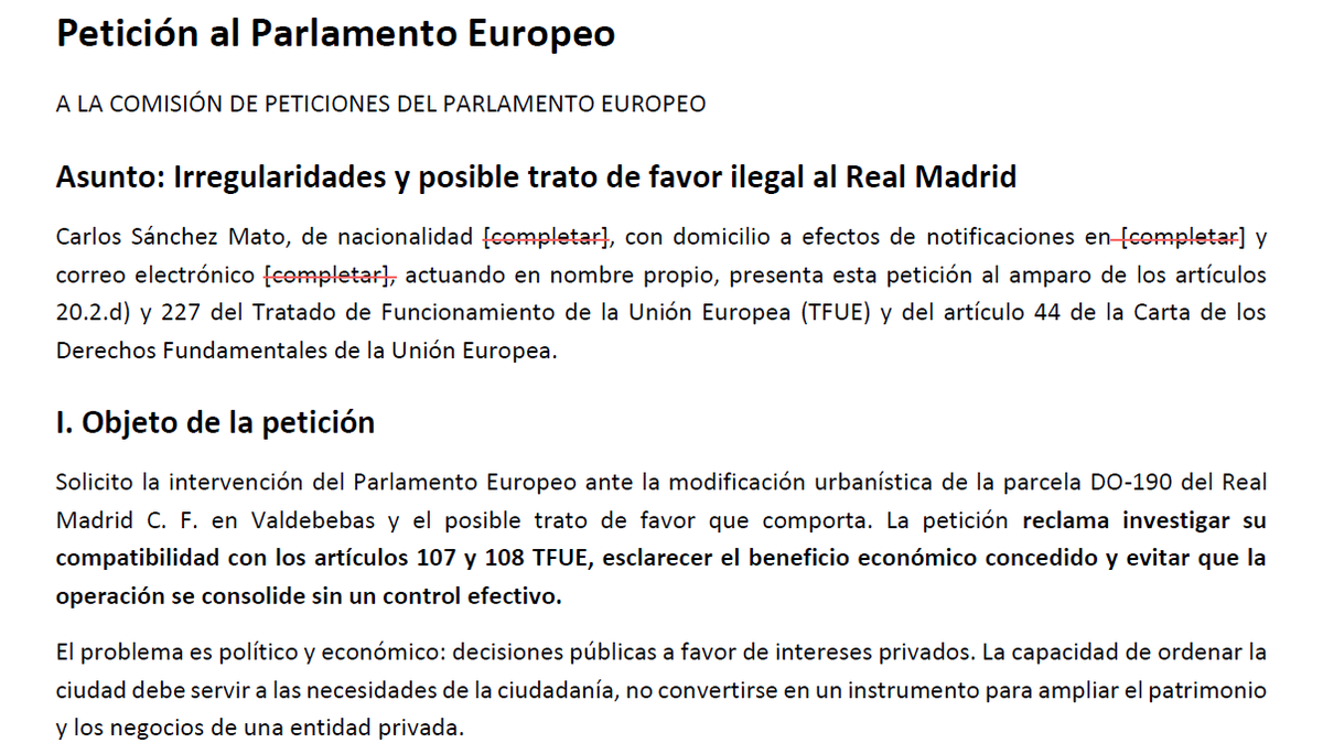 carlossmato's tweet photo. He solicitado la intervención del Parlamento Europeo ante la modificación urbanística de la parcela DO-190 del Real Madrid C. F. en Valdebebas y el posible trato de favor que comporta.
Reclamo que se investigue su compatibilidad con art. 107 y 108 TFUE
https://t.co/rFB9DicP6j https://t.co/FJuhxIWXbu