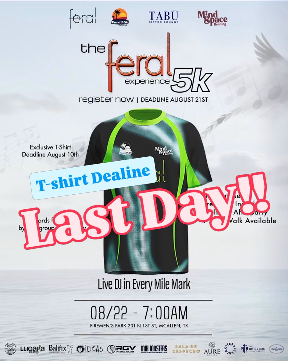 TandraSojo's tweet photo. Last day to guarantee your preferred T-shirt size! Run the 5K, then stay for an unforgettable wellness party with music, community, an açaí bowl, live DJ, and more. August 22 in McAllen. Register now. https://t.co/JMkXJoypb7