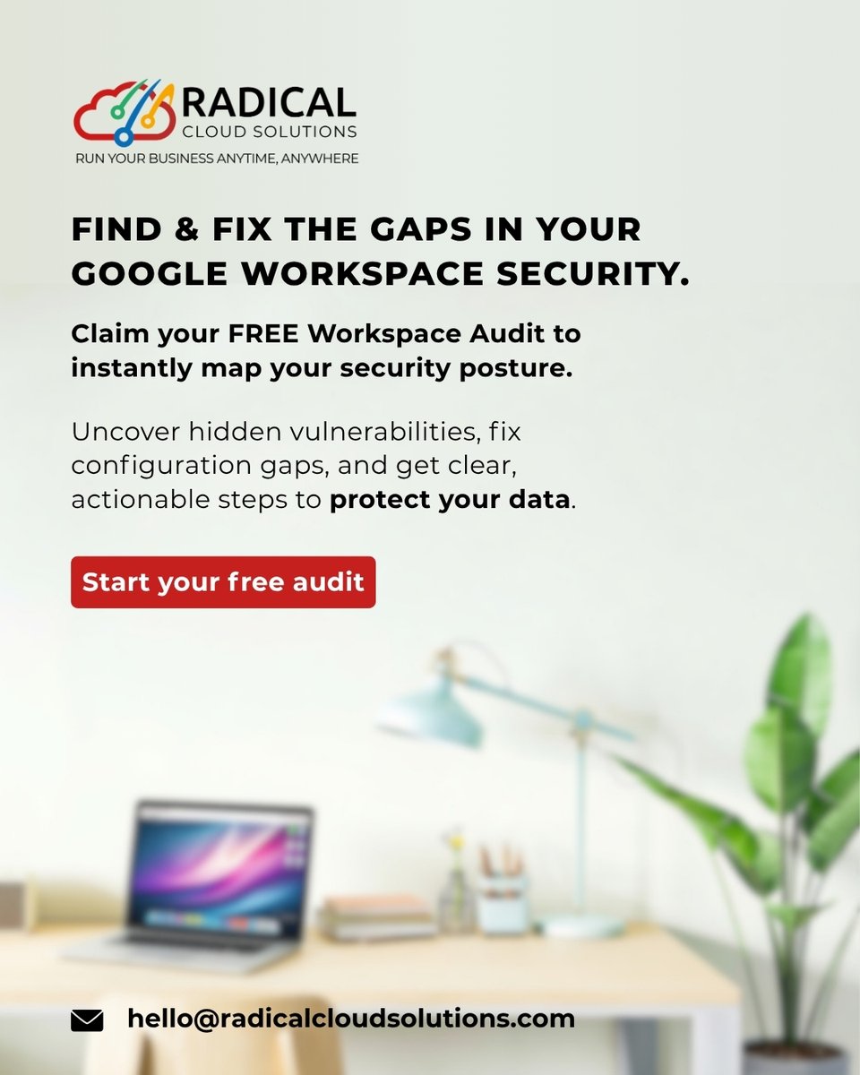 rcs_cloud's tweet photo. Find and fix the gaps in your Google Workspace security. Get a FREE Workspace Audit to uncover security gaps, configuration issues &amp; vulnerabilities, with clear, actionable recommendations to protect your data. Start your free audit: https://t.co/6X7MZE36l6 https://t.co/SZzQJ0cIIq