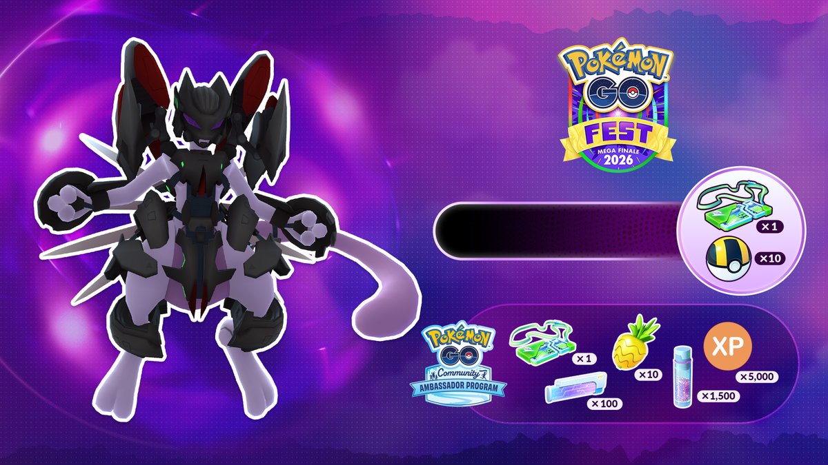 PokemonGOAppJP's tweet photo. 「Pokémon GO Fest 2026：メガフィナーレ」で「アーマードミュウツー」に挑むための準備として、以下のリワードをプレゼントします！
⭐ 「プレミアムバトルパス」1個
⭐ 「ハイパーボール」10個
これらのリワードをアンロックするには、「メガアセンション」と「Pokémon GO Fest 2026：メガフィナーレ」の期間中に協力して、100万チェックインを目指しましょう！ 

さらに、イベント期間中に「コミュニティミートアップ」にチェックインすると、チェックインした日ごとに「プレミアムバトルパス」や「リンクチャージ」100個などが手に入る「タイムチャレンジ」を受け取れます！
「レイドバトル」に参加するメンバーを集めて、チェックインして、協力してバトルに挑みましょう！
#PokemonGOFest2026 #ポケモンGO

https://t.co/H77EnWGd2j